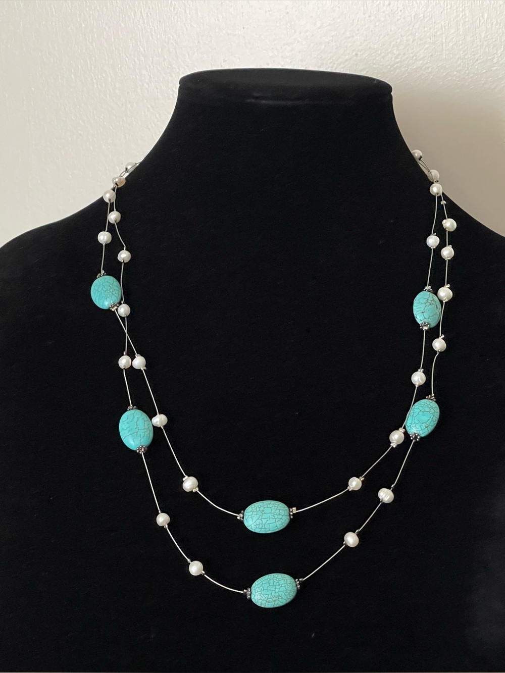 Layered Turquoise Bead and Pearl Necklace - Women Jewelry